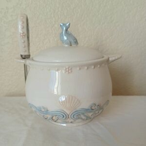3 PIECE SET Amscan Ceramic Butter Dip Bowl, Lid, & Knife Spreader in Ocean Theme